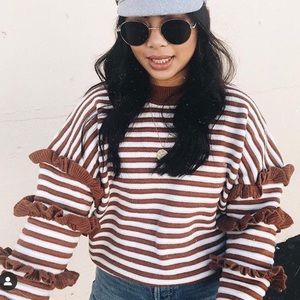 Striped White/Rust Puff Sleeve Sweater